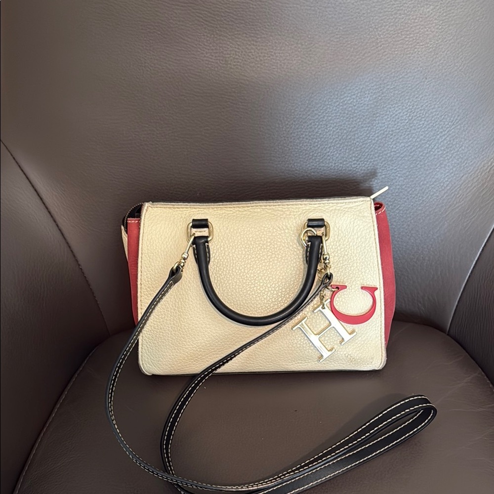 Carolina Herrera  Cream and Red Satchel with Structured Design